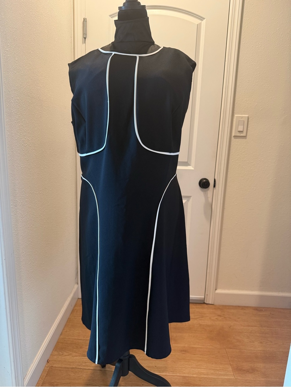 London Style Black Midi Dress with White Piping